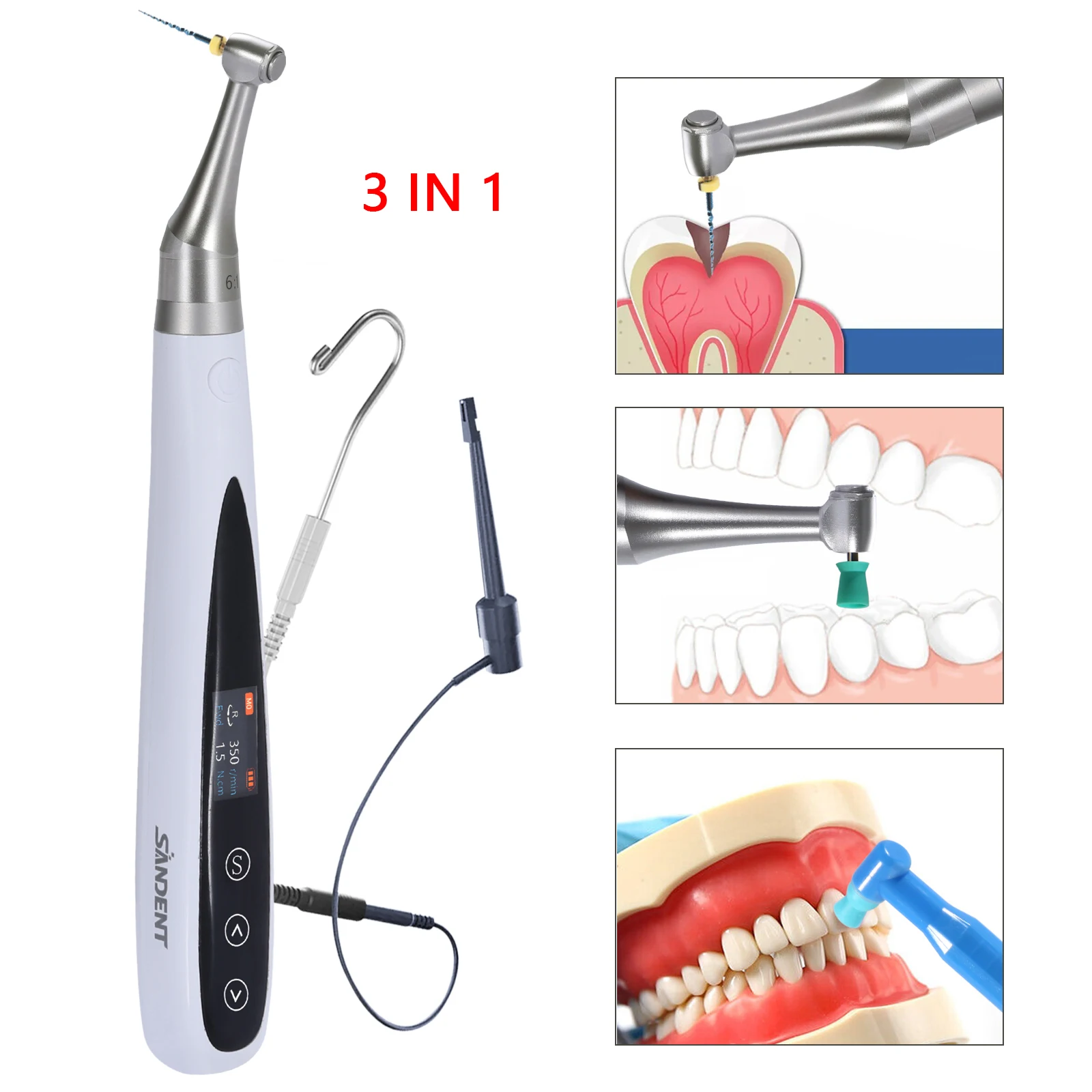 

3 in 1 Dental Brushless Endo Motor Built-in Apex Locator Cordless Polishing 16:1 Contra Angle Multifunction
