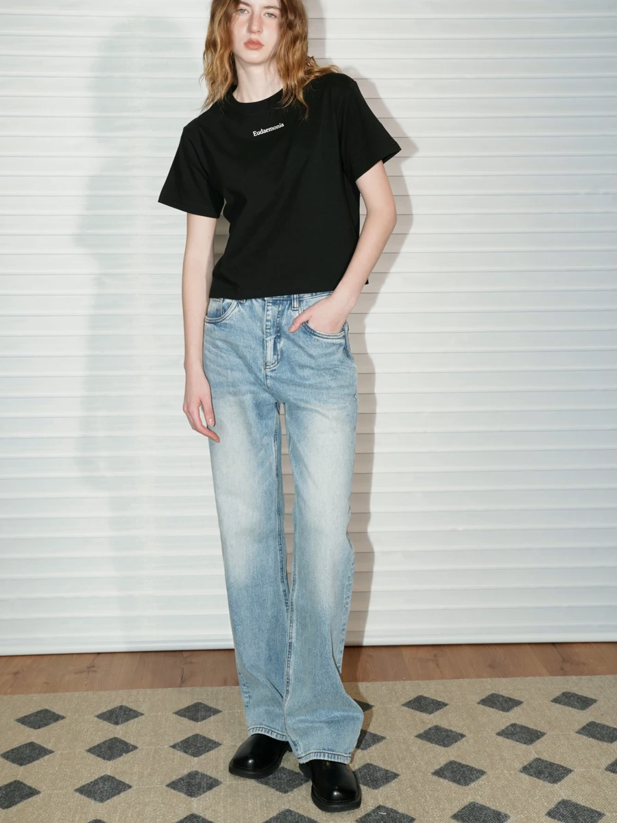 

Джинсы UNNNSADA Snowflake Blue с эффектом потертости, винтажные, прямого кроя, из роскошной ткани, женские, премиум-деним, легкий люкс