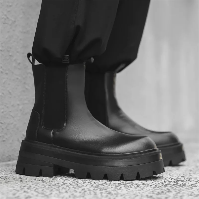 

men fashion stage nightclub high chelsea boots genuine leather shoes cowboy platform boot handsome long motorcycle botas hombre