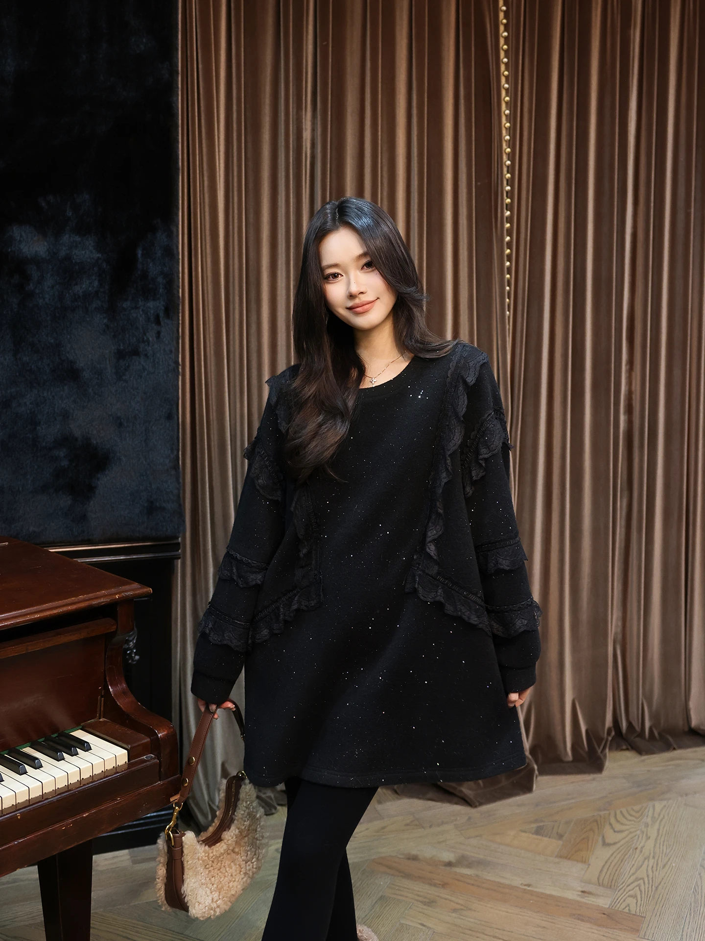 

Fce Lined Merino Wool Dr with Star And Musoom Print High Waist A-Line Skirt Casual Sle Winter Warm Faionable Dr