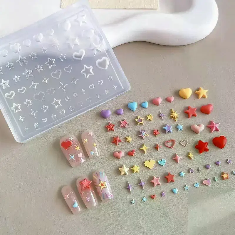1Pcs Creativity 3D Heart Star Pentagram Silicone Nail Mold DIY Nail Art Decoration Transparent Manicure Template For Nail Charm