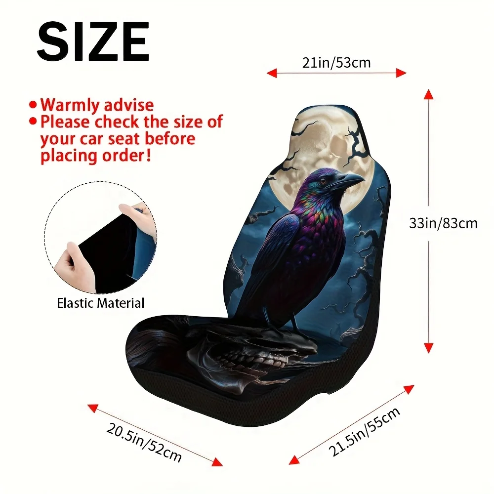 2pcs, Fashionable Mystical Raven With Skull Print Car Seat Covers, Universal Fit For Sedan SUV Truck, Easy To Clean, Four Season