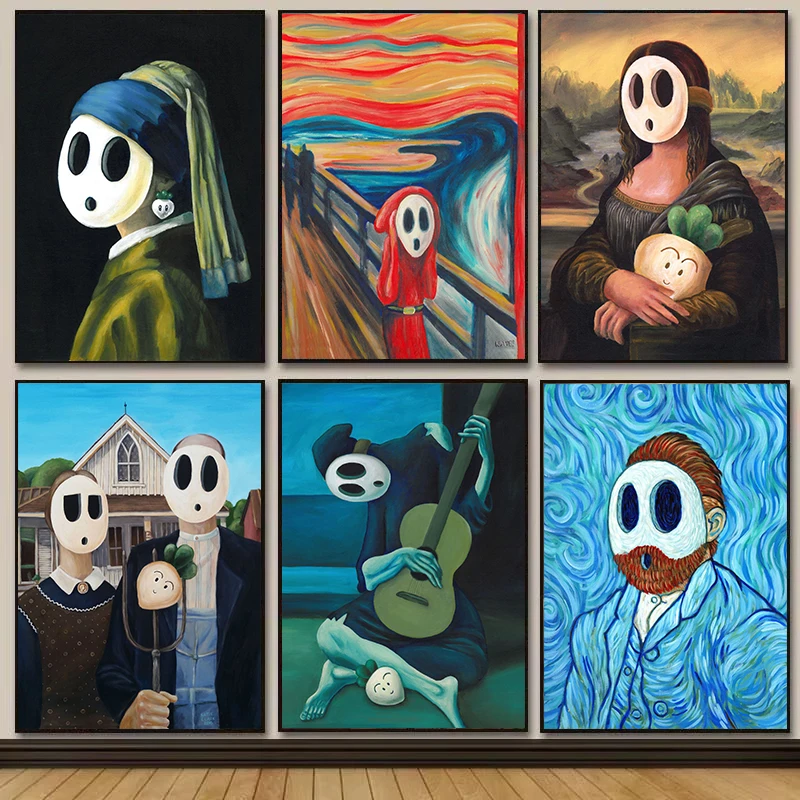 Picasso Van Gogh's Creative Paintings Shyguy Klimt Kiss Mona Gothic Scream Girl with Pearl Art Canvas Posters Home Wall Decor