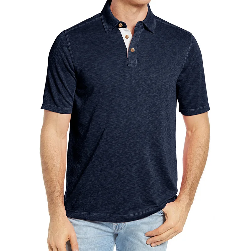 Men's Navy Heather Polo Shirt Short Sleeve Button Collar Casual Soft Comfortable Daily Tops