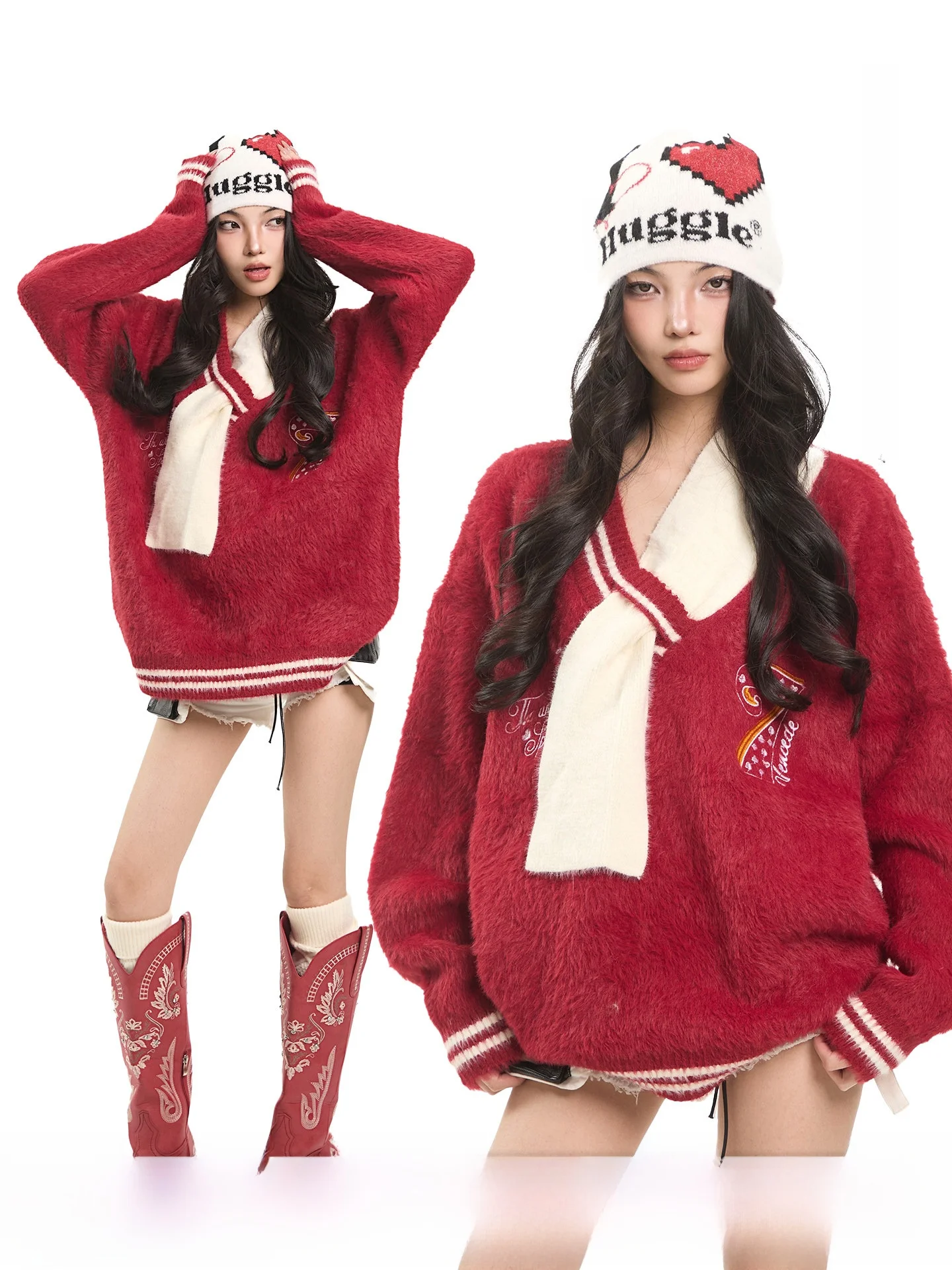 

Retro Sle Scarf Decorated Loose V-Ne Sweater Women's Winter Casual Knittedwear Red Color Full Sve Heart Pattern