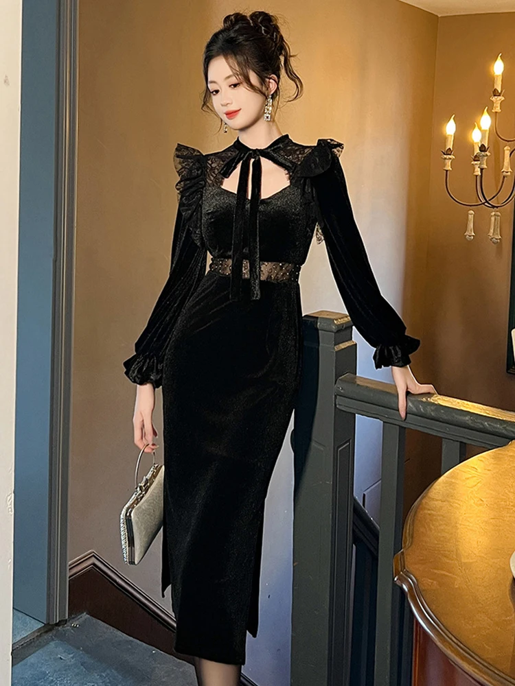 Celebrity Elegant Black Dress Women\'s Sweet Cute Bright Sequin Bandage Bow Hollow Out Slit Robe Evening Party Banquet Vestidos