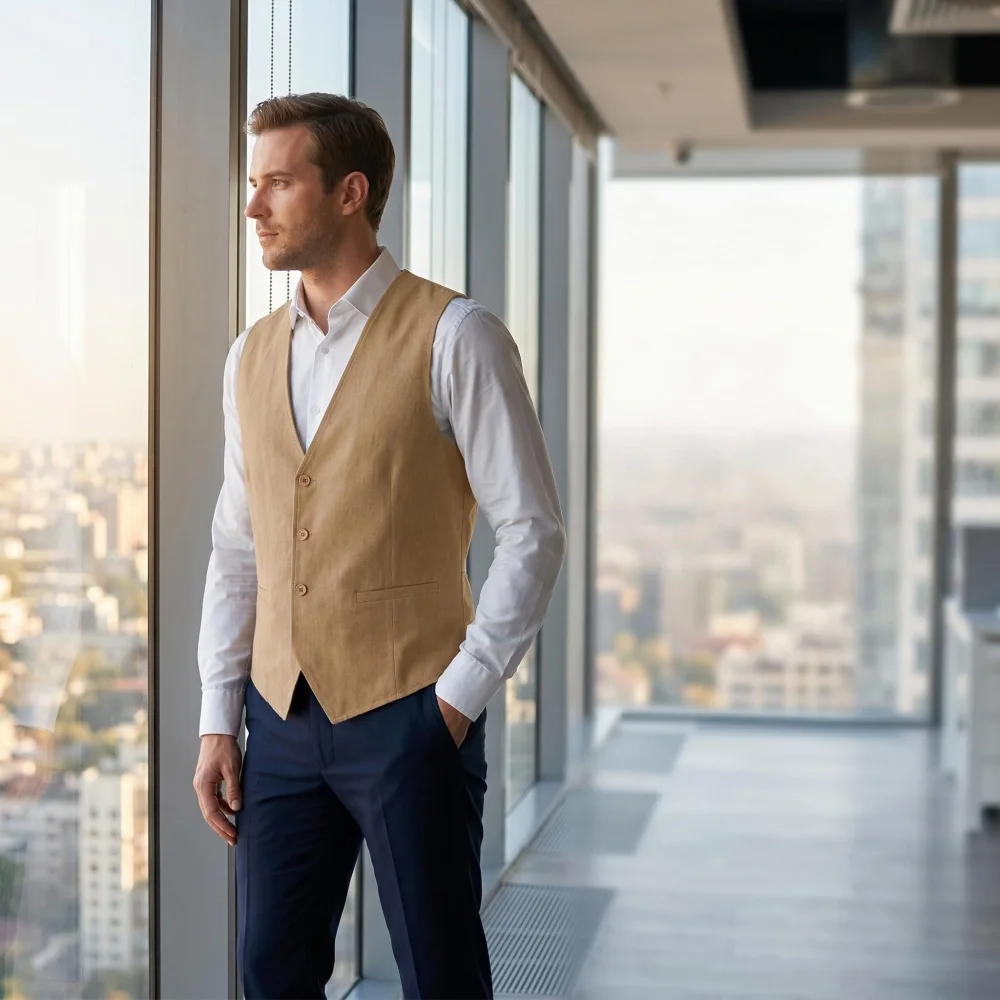 Picture 3: V Neck Men's Linen Vest Single Breasted Vintage Real Pocket Men's Summer Linen Waistcoat For Wedding