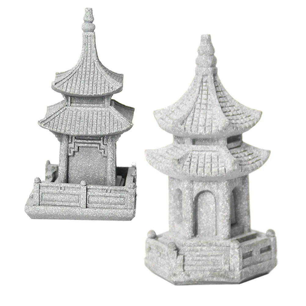 

2pcs Miniature Bonsai Decoration Garden Pavilion Model Durable Material Compact Size Yard Balcony Decor Craft Gift