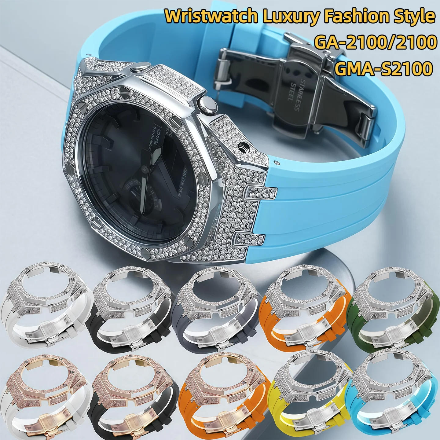 GA-2100 Diamond Metal Bezel Mod kit For Casio GMA-S2100 GA2100 G-SHOCK Stainless Steel case FKM rubber Watch band  Replace Acces