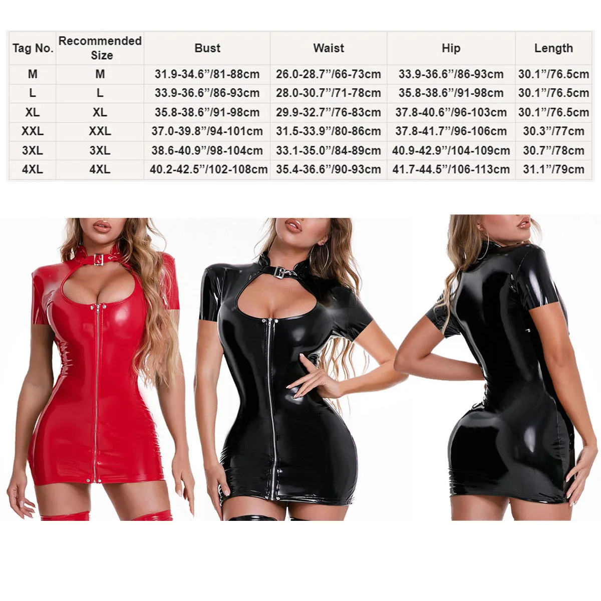 Abito da donna in pelle verniciata Wetlook nero/rosso con cerniera in lattice aderente Mini abito scava fuori Pole Dance Raves Party Clubwear