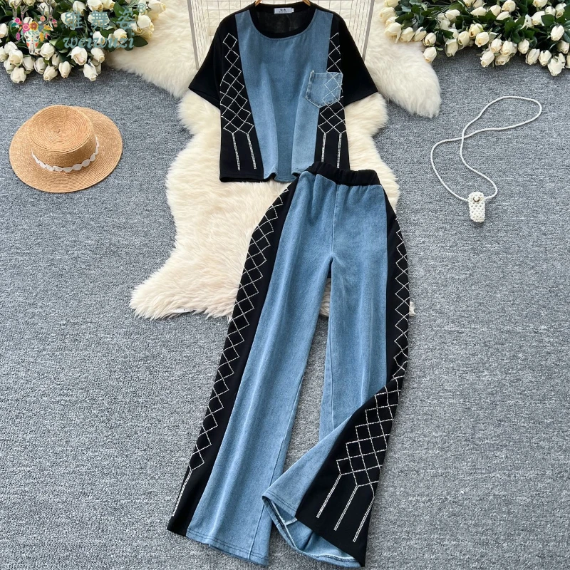 

Women Beading Denim Suits Fashion Fake Two Piece Tops+Wide Leg Jeans Summer Spliced Loose Streetwear Chic All-match Women Sets