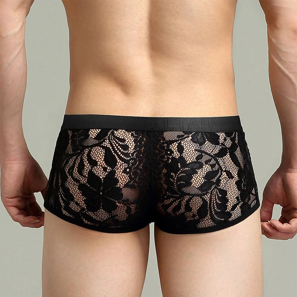 Sexy Men\'s Panties Lingerie Black Lace Low Rise Transparent Shorts And Underpants Sheer Trunk Briefs Underwear