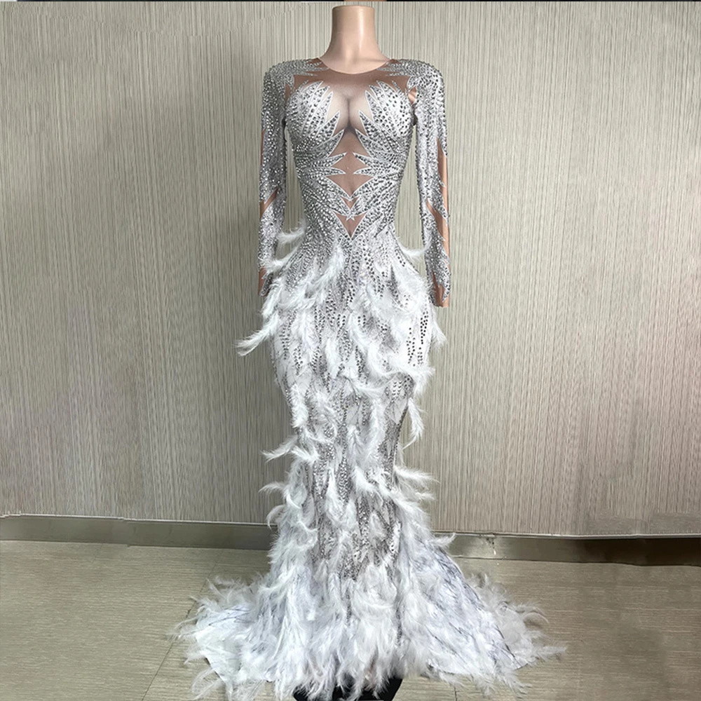 Customized New Long Sleeve Feather Streaking lace  High Elastic Sequins Sexy Tight Dress Birthday Party  Dress Performance Dress