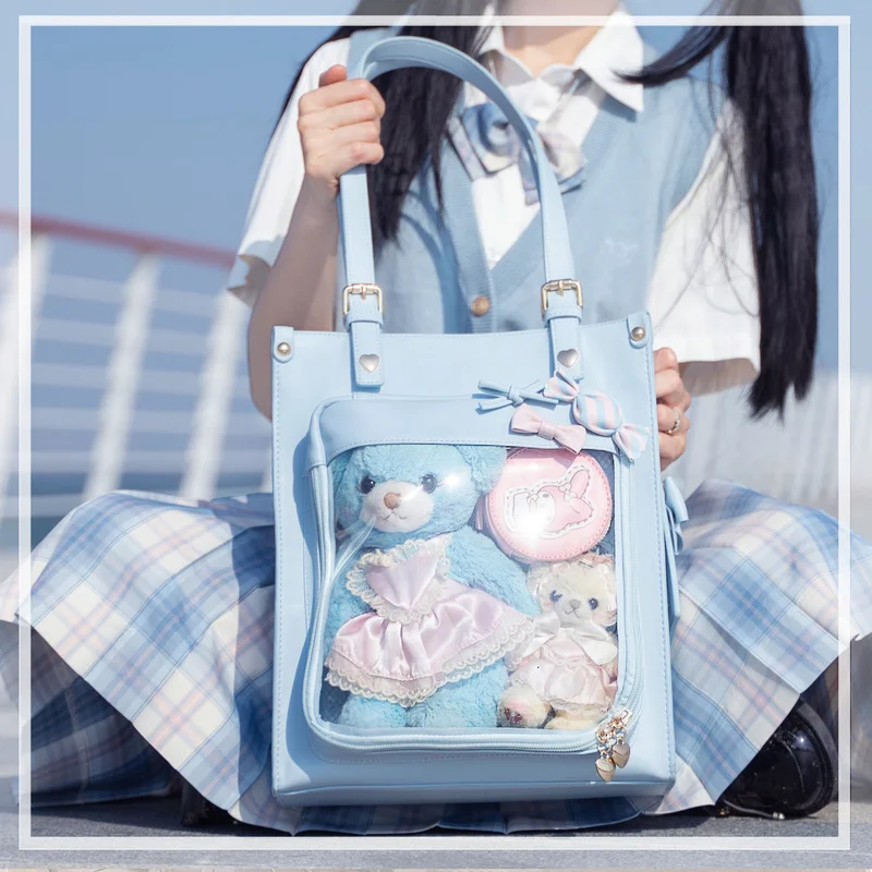 Original Japanese Anime Cute Candy Bow Lolita Girl PU Plaid Transparent Square Shoulder Diagonal Plush Cotton Doll Backpack Bags