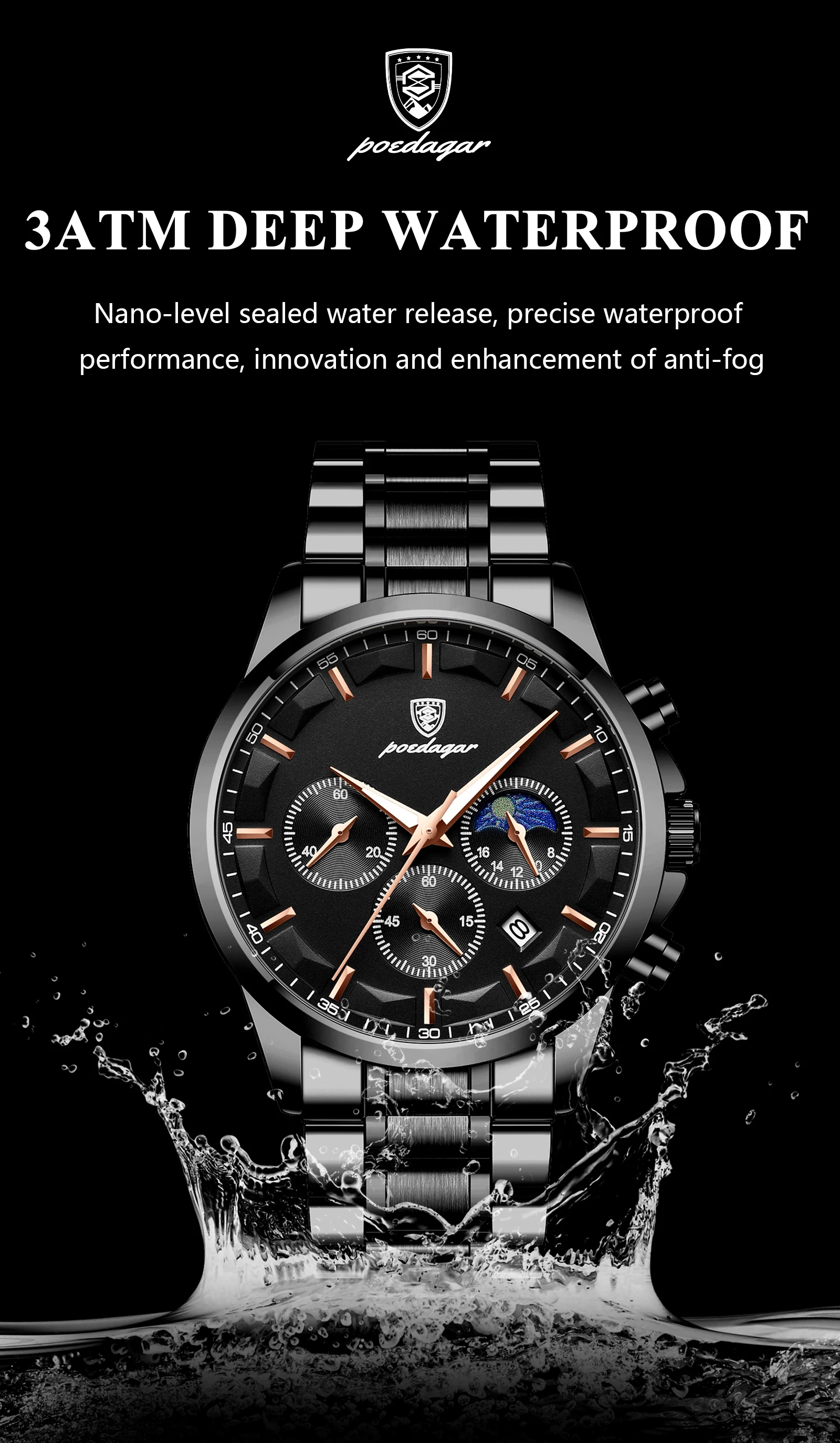 POEDAGAR Top Mode herren Uhren Wasserdicht Leuchtende Edelstahl Männer Armbanduhr Chronograph Datum Quarz Business Mann Uhr – Detail 9