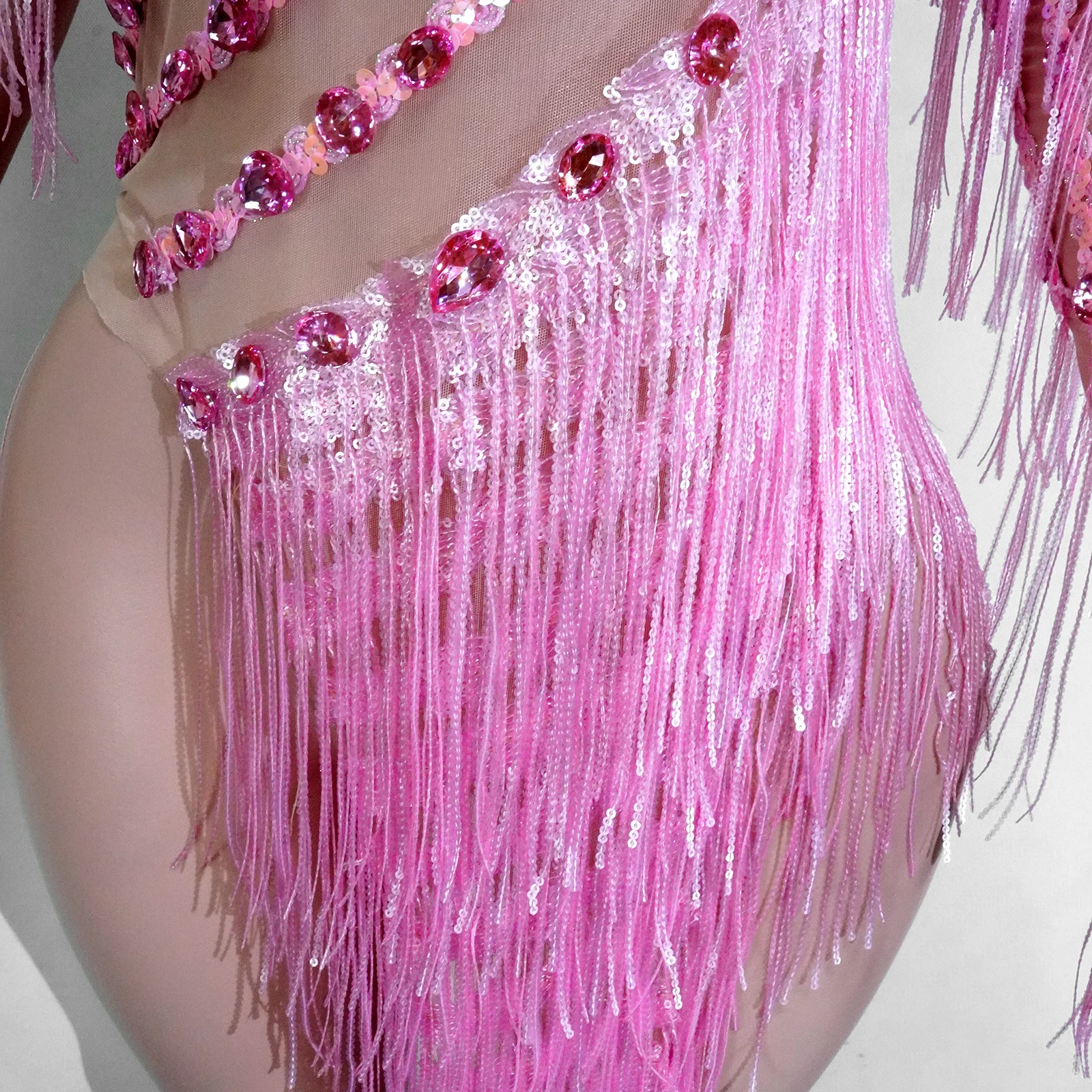 Sexy Mesh See-through Pink Rhinestones Fringe Dress Stage Latin Dance Singer Birthday Party Skirt Nightclub Drag Queen Outfit
