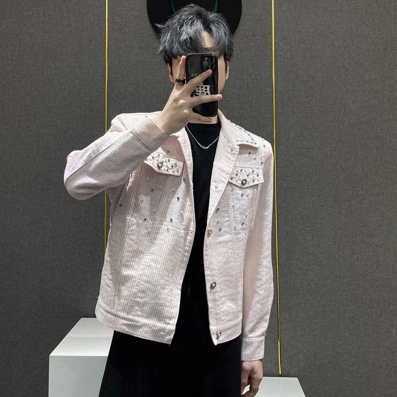 Men's 2025 Retro Denim Jackets Men's Niche Beaded Decorative Fashion High-end Denim Coats Trendy Male Long Sleeve Denim Jacket