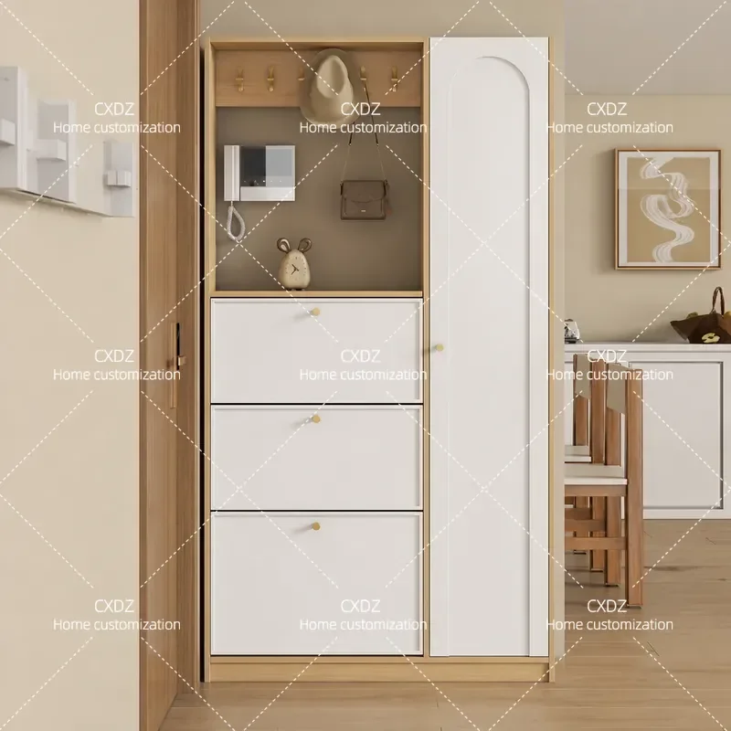 Ultra Thin Solid Wood Shoe Cabinet with Coat Rack Wall Mounted Entryway Storage Narrow Tipping Bucket Organizer for Hallway