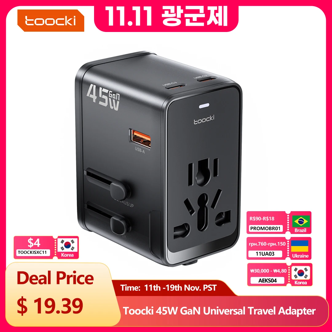 

Универсальный дорожный адаптер Toocki GaN с быстрой зарядкой 3C1A, 45 Вт, максимальное универсальное дорожное зарядное устройство 2500 Вт, вилка стандарта ЕС/Великобритании/США/Австралии для Trave
