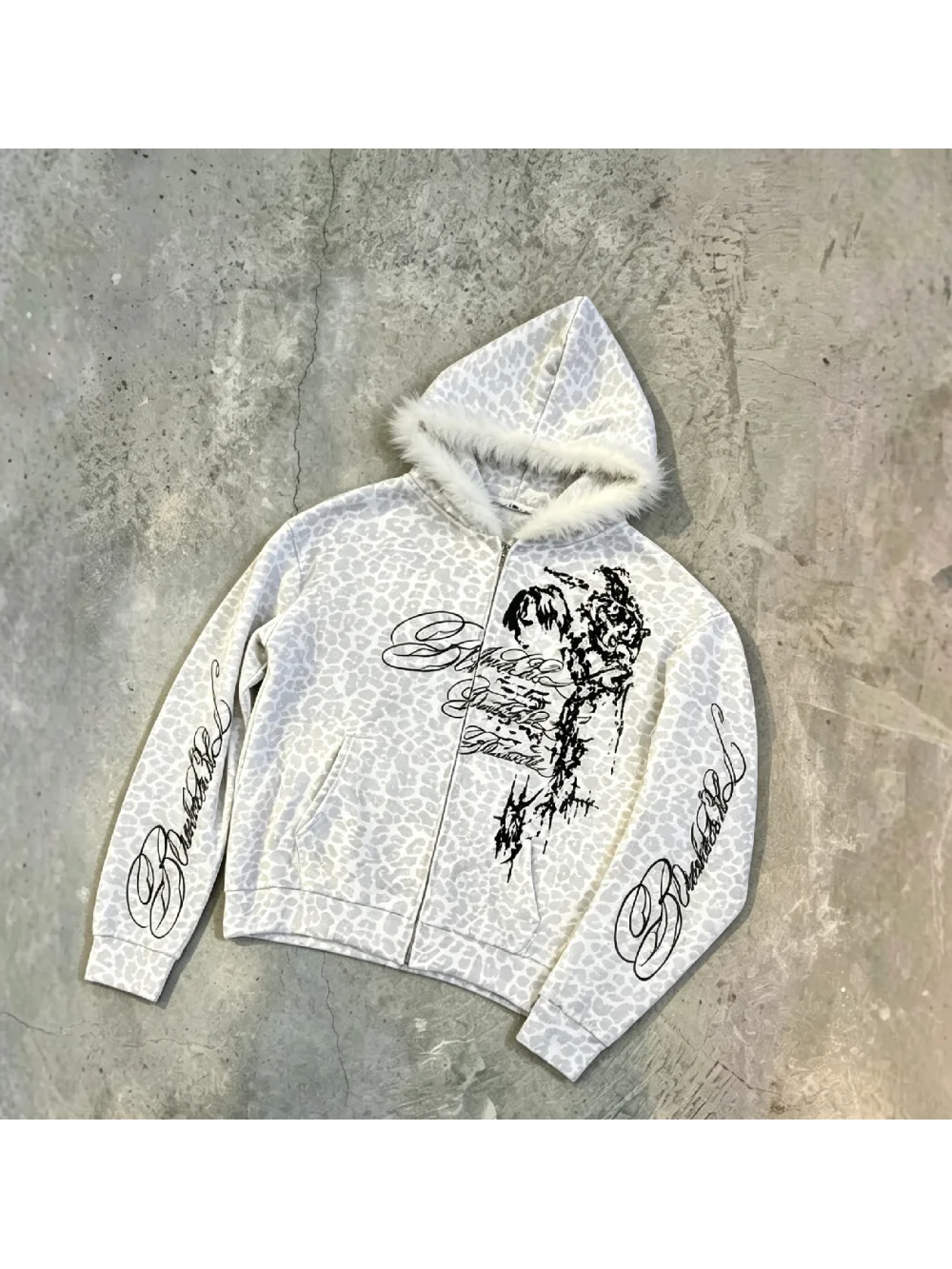 New autumn and winter retro punk goth fur collar zipper hooded leopard print hoodie dark portrait floral print street trend ins