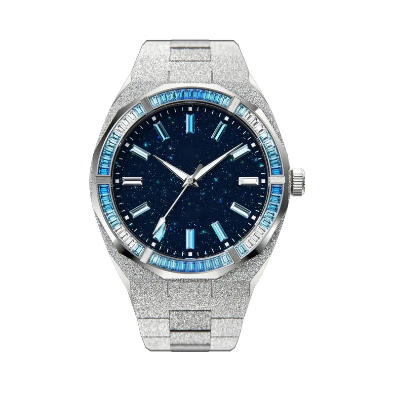 42mm Black Blue Crystal Bezel 5ATM Waterproof Bling Dial Frosted Star Dust Rainbow Watch For Men