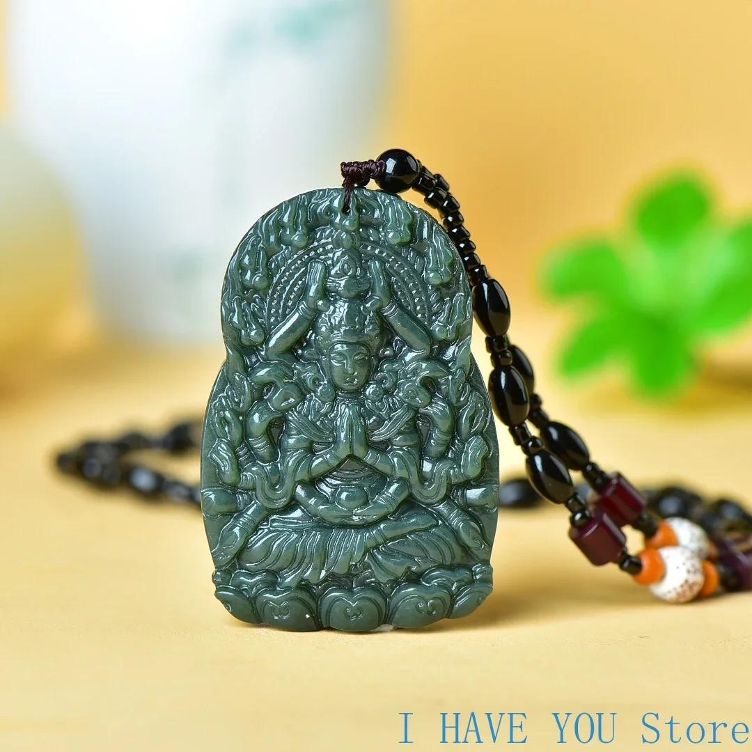 

Natural Hetian Jade Green Jade Thousand Hand Guanyin Pendant Patron Saint Hand-carved Men's High-grade Jade Necklace Lucky Gift