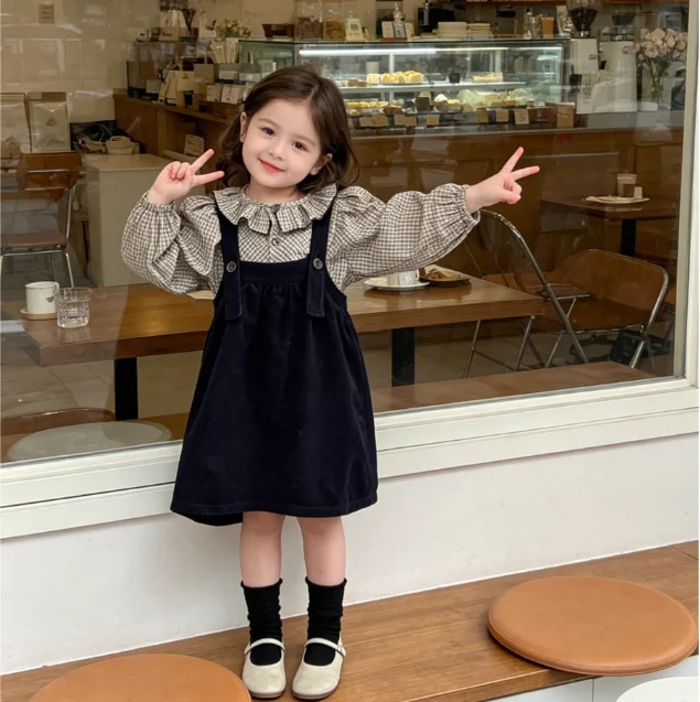 Girls' Suit 2026 Spring and Autumn New Children's Wear Korean Style Girl Baby Lace Collar Plaid Shirt Strap Skirt Two-piece Set