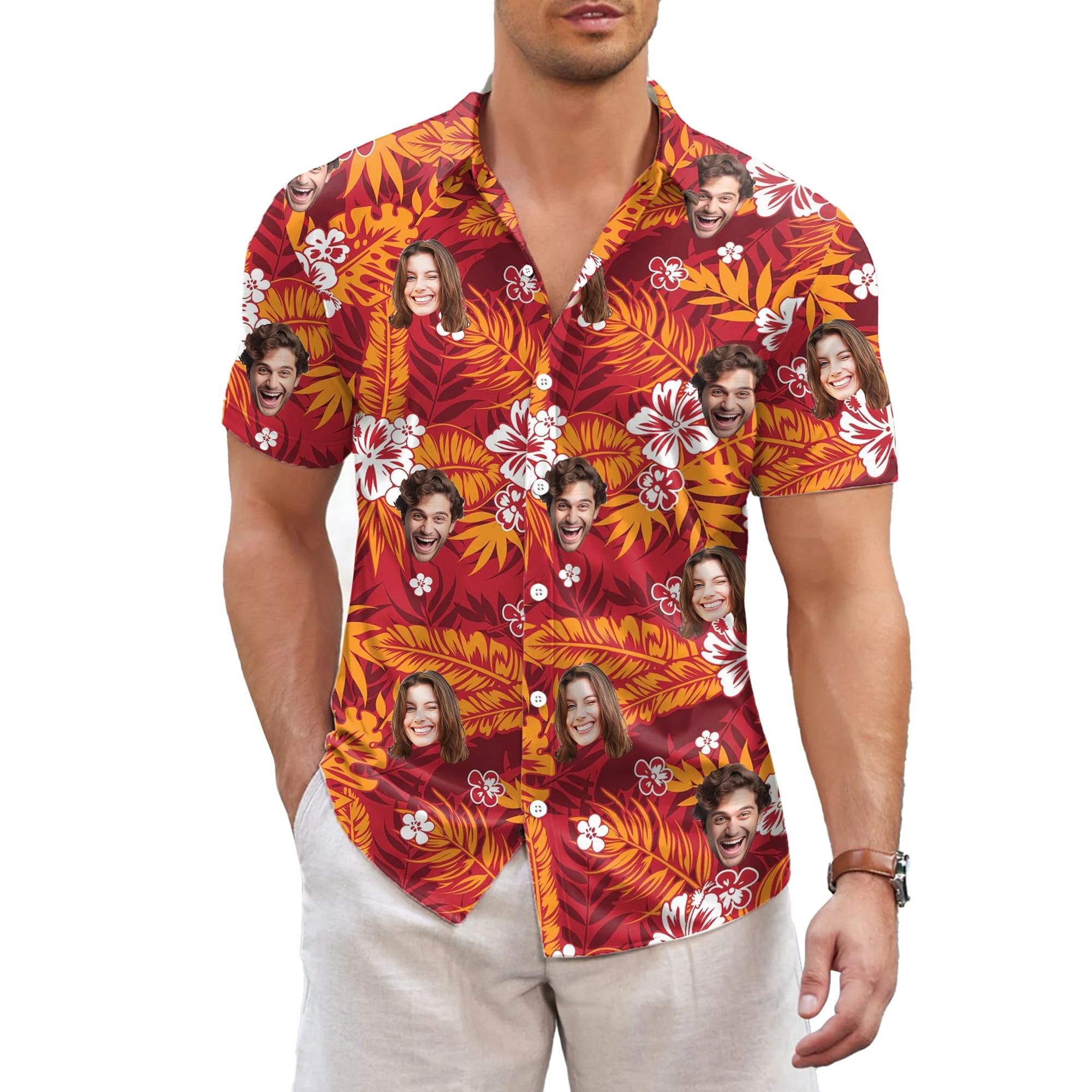 

New Custom Face Hawaiian Shirt Personalized Photo Red Tropical Floral Aloha Shirt Funny Beach Shirt For Couples clothing