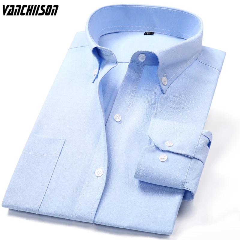 

Men Casual Shirt Office Work for Summer Spring Oxford Fabric Long Sleeve Solid Sky Blue Male Fashion Clothing 00557