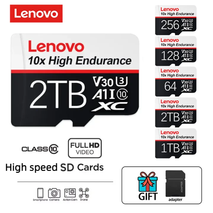 Lenovo Micro tarjeta SD การ์ดหน่วยความจำ2TB 1TB คลาส10 128 256G U3 4K ความเร็วสูง cartao de memoria หน่วยความจำแฟลช TF mecard C10