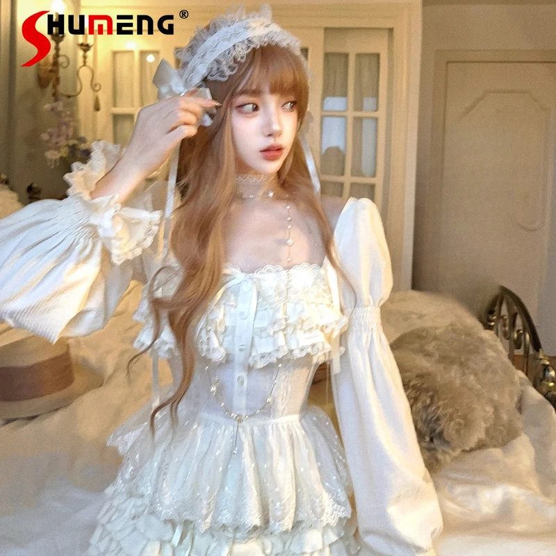 

French Style Elegant Sweet Lace Retro Long Sleeves Slim Fit Doll Shirt Pink Color Single-Breasted Square Collar Blusas De Mujer