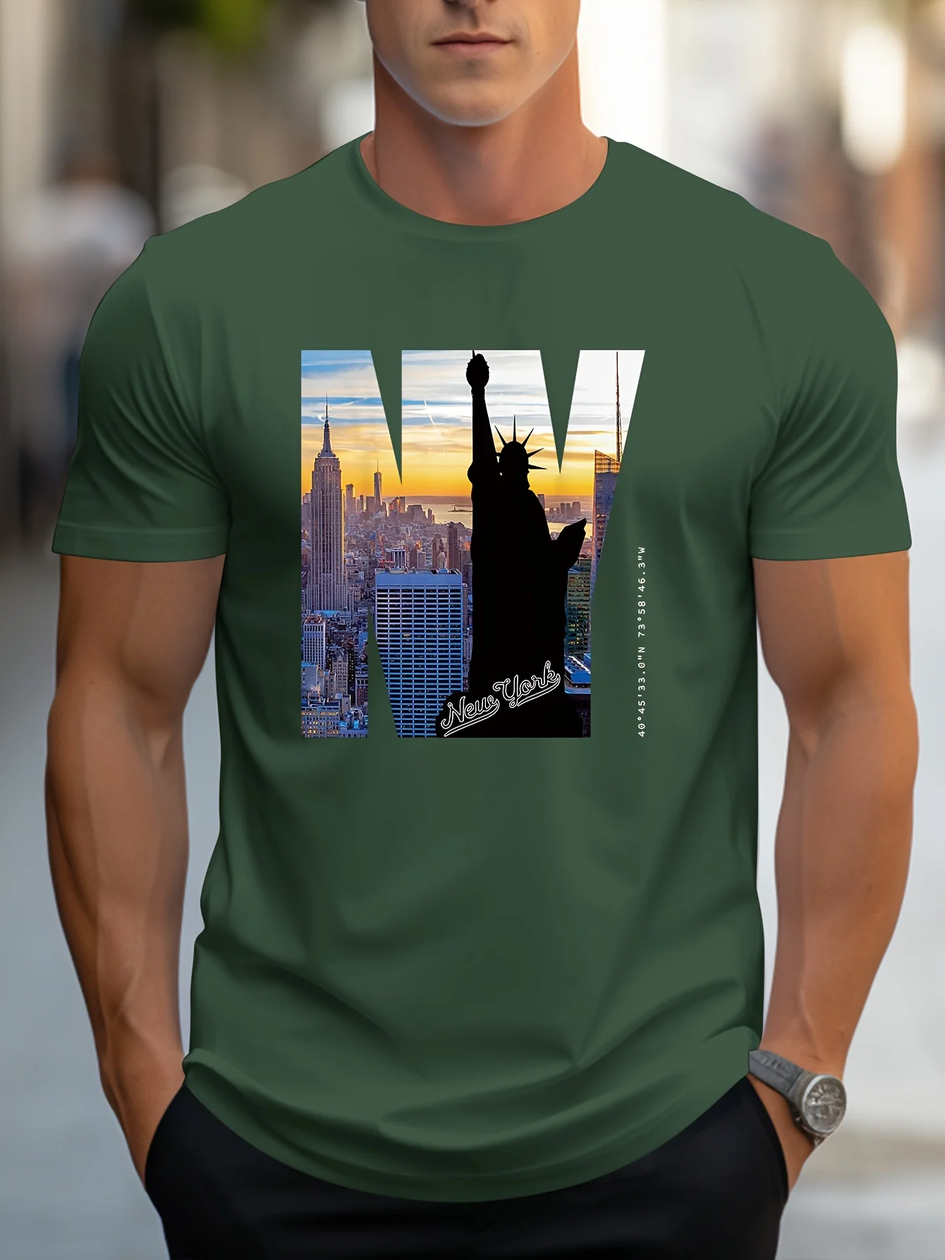 Men's 100% pure cotton summer loose fit large size NY Graphic print casual slim fit round neck short sleeved T-shirt top image 3