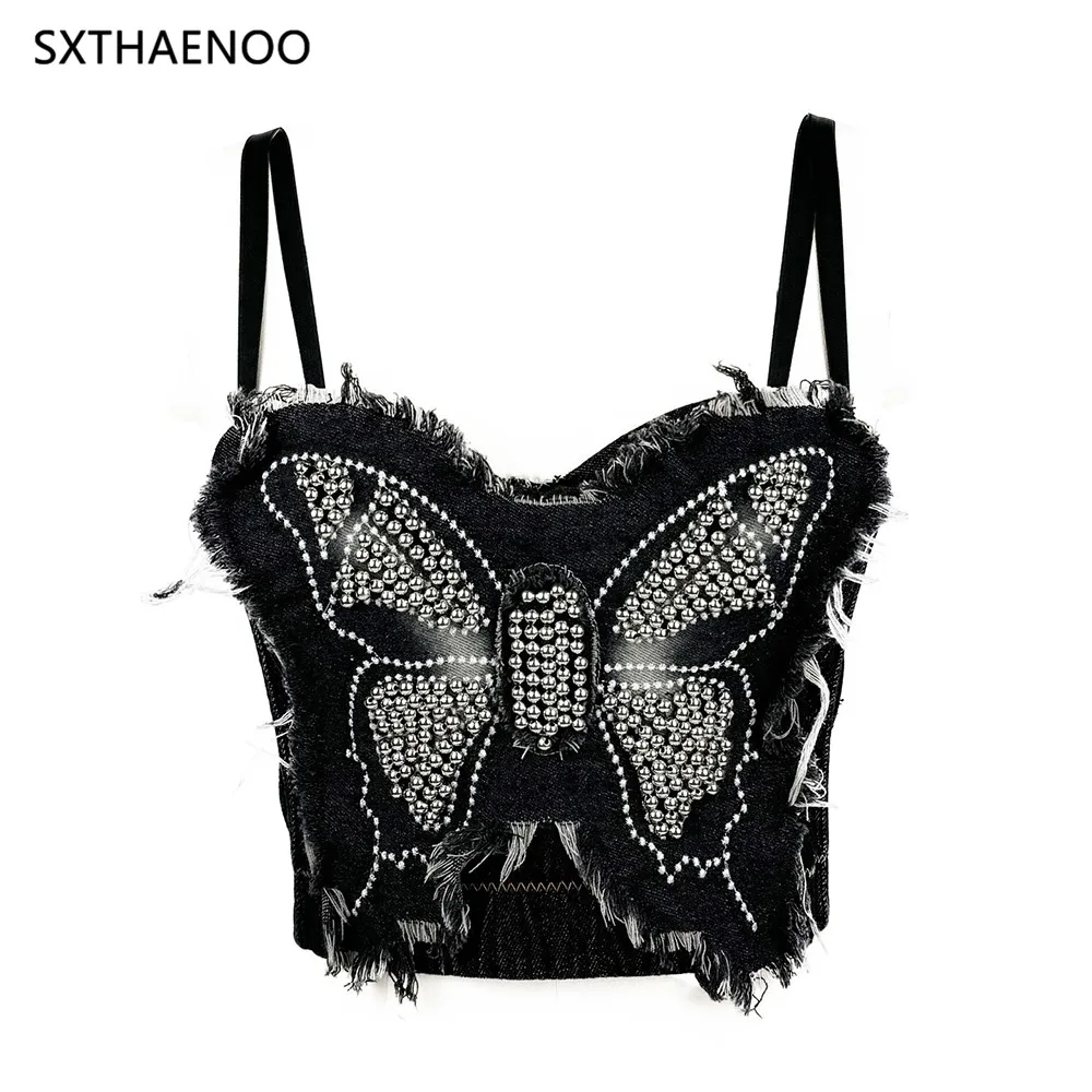 SXTHAENOO 2025 Women Sexy Embroidery Butterfly Bustier Back Buckle Crop Corset Beading Denim Y2K op High Street Party Club