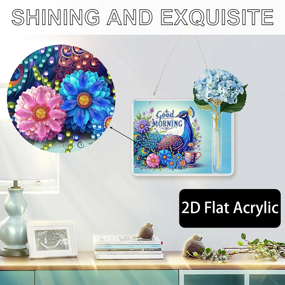 

Peacock 2D Flat Acrylic Wall Tube Vase Diamond Painting Hanging Ornament Crafts