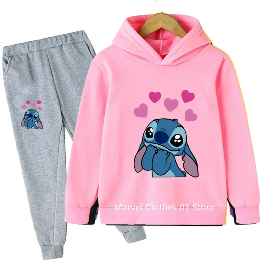 3-12 Years Old Girls Lilo Stitch Hoodies Sets Kids Boys  Autumn Spring Long Sleeve Sweatshirts Trousers 2pcs Costume Outfits