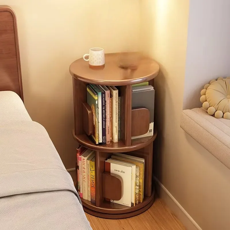 360 Degree Rotating Space Saving Floor to Ceiling Walnut  Bookshelf Bedroom Bedside Storage Rack