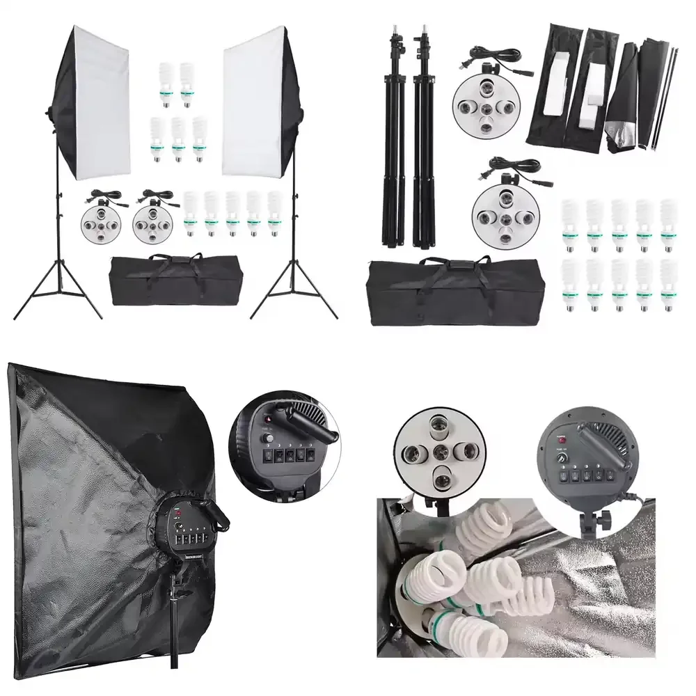 60x90cm Softbox E27 Socket 5-in-1 Lamp Holder with 2m Stand 50W Bulb Light Photography Studio Kit for Live Streaming