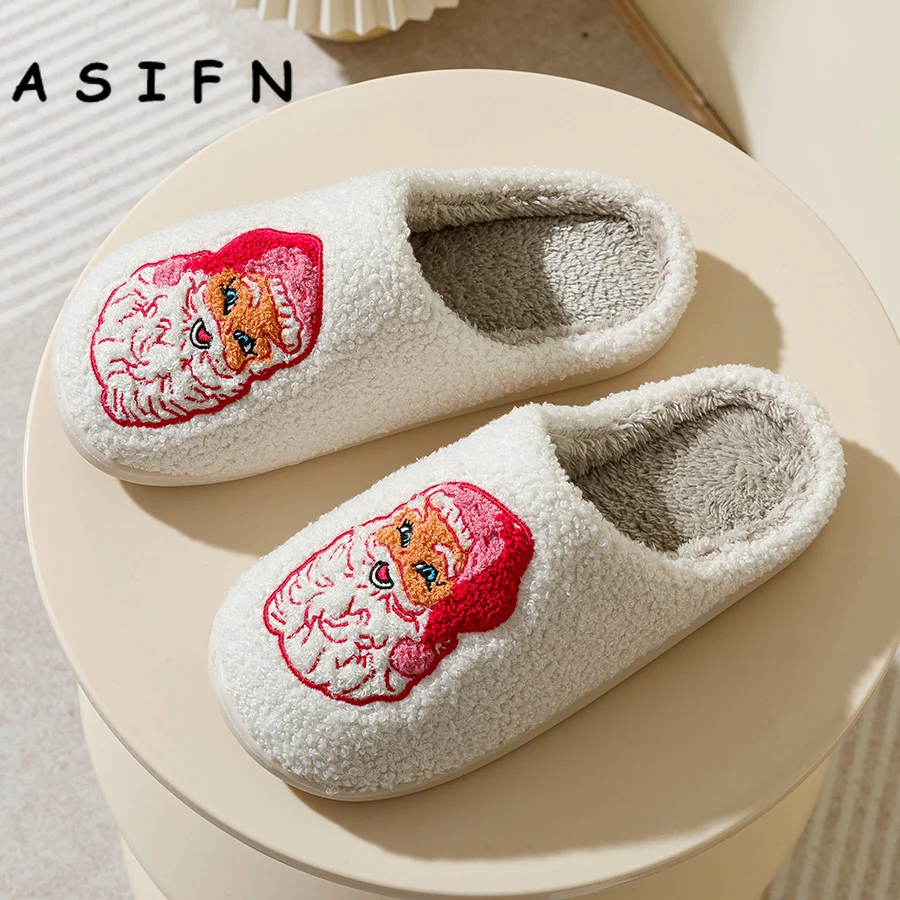 Fashion Winter Christmas Santa Claus Slippers Houseshoes Women Comfy Home Flat Slip-on Bedroom Cute Pink Christmas Party Shoes