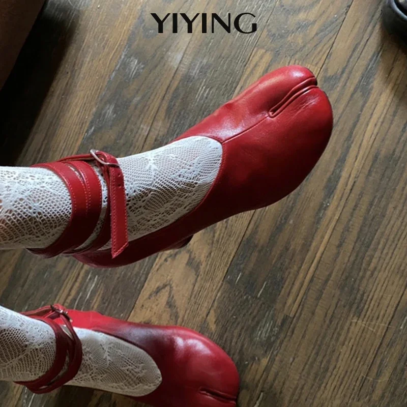 2024 Vintage Spring Fashion Slipt Toe Women Pumps Chunky Round Strap Buckle High Heels Red Leather Brand Design Shoes Women