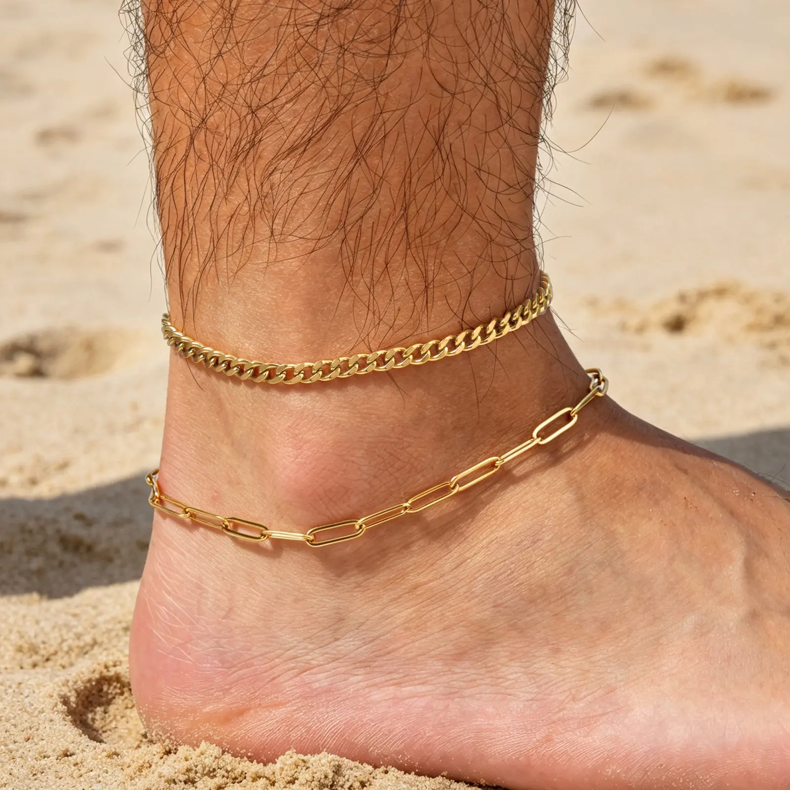 2 Stück Herren-Ketten-Fußkettchen, Hip-Hop Wasserdichtes Edelstahl Kubanisches Gliederarmband, Sommer-Strandschmuck für Jungen und Männer – Detail 6