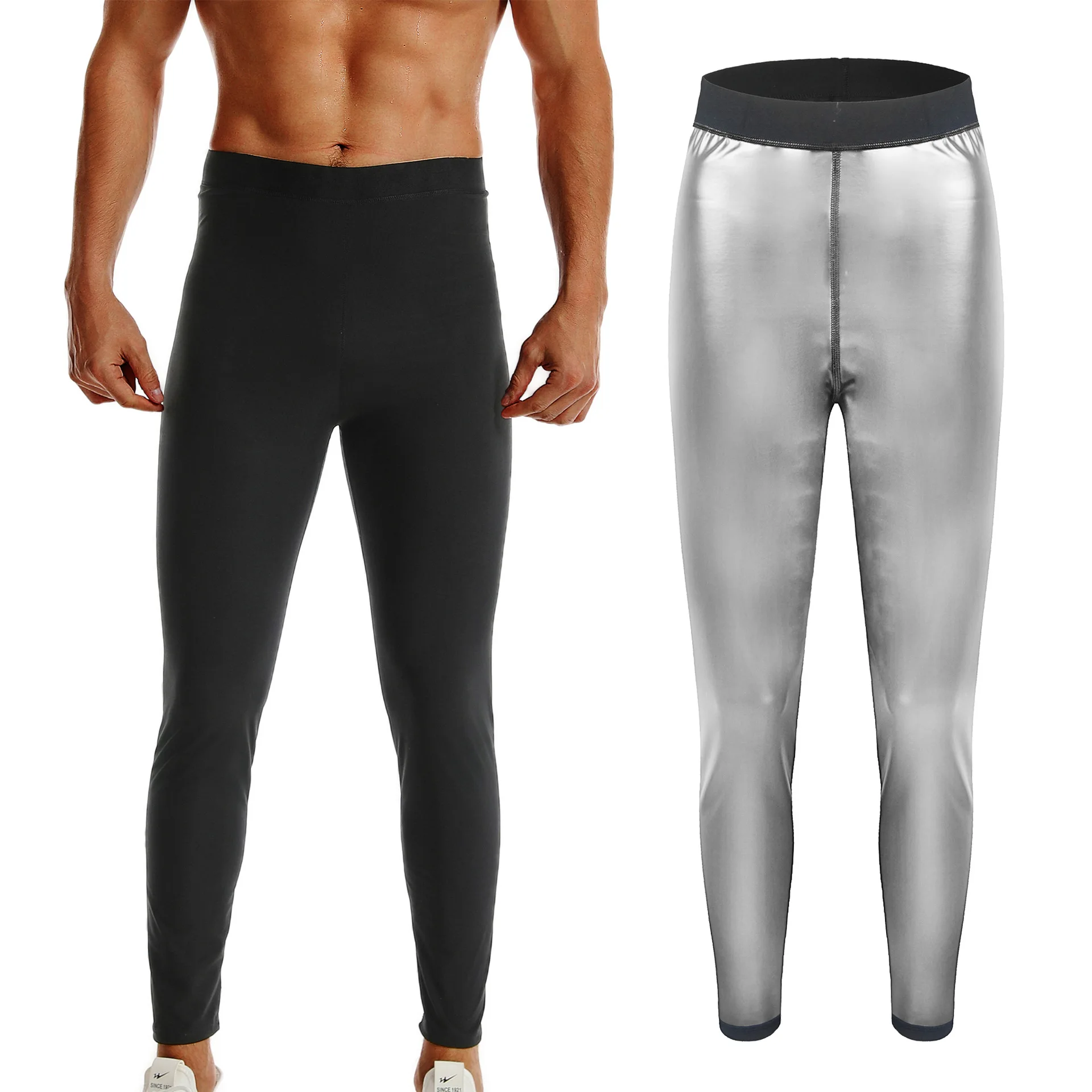 Men's Shapewear Sweat-Promoting Silver PU Tight-Fitting Long-Sleeve Sauna Suit Abdomen-Including Sports Top Body-Sculpting Set
