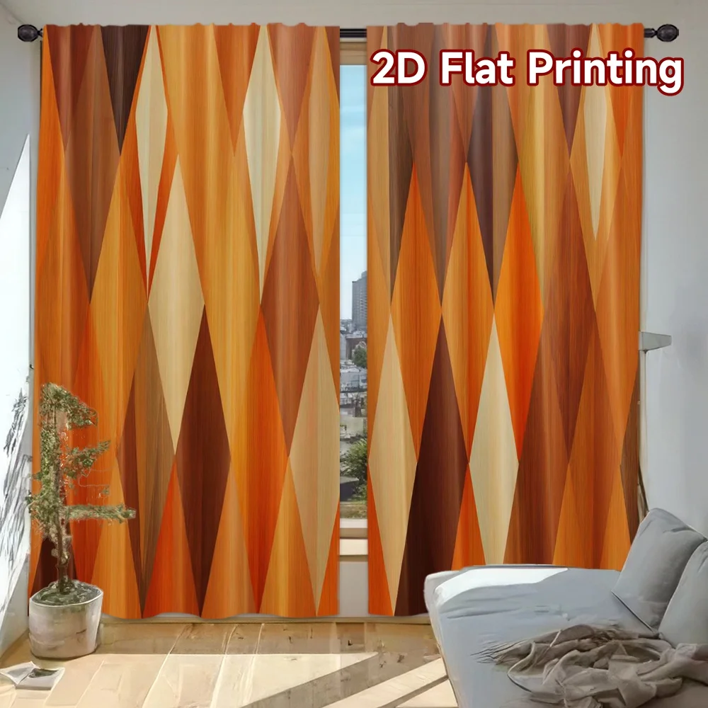 2PCS Digital Printed Curtains, Orange Brown Retro Geometric Diamond Pattern, Mid Century Modern Style for Living Room Decor