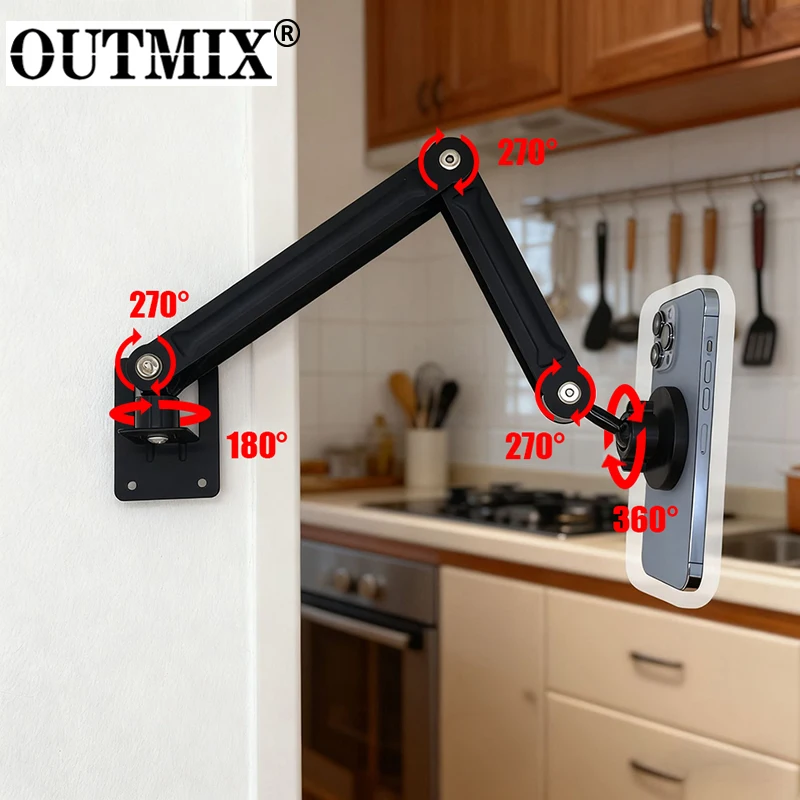 Magnetic Wall Mount Tablet Stand Long Arm Stretchable Phone Wall Holder Adjustable Metal Wall Stand for iPhone iPad 4-13 Inches
