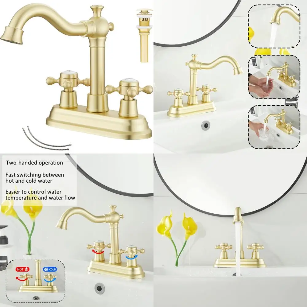 

2-Handle 4-Inch Centerset Brushed Gold Bathroom Vanity Faucet with Drain and Supply Hose