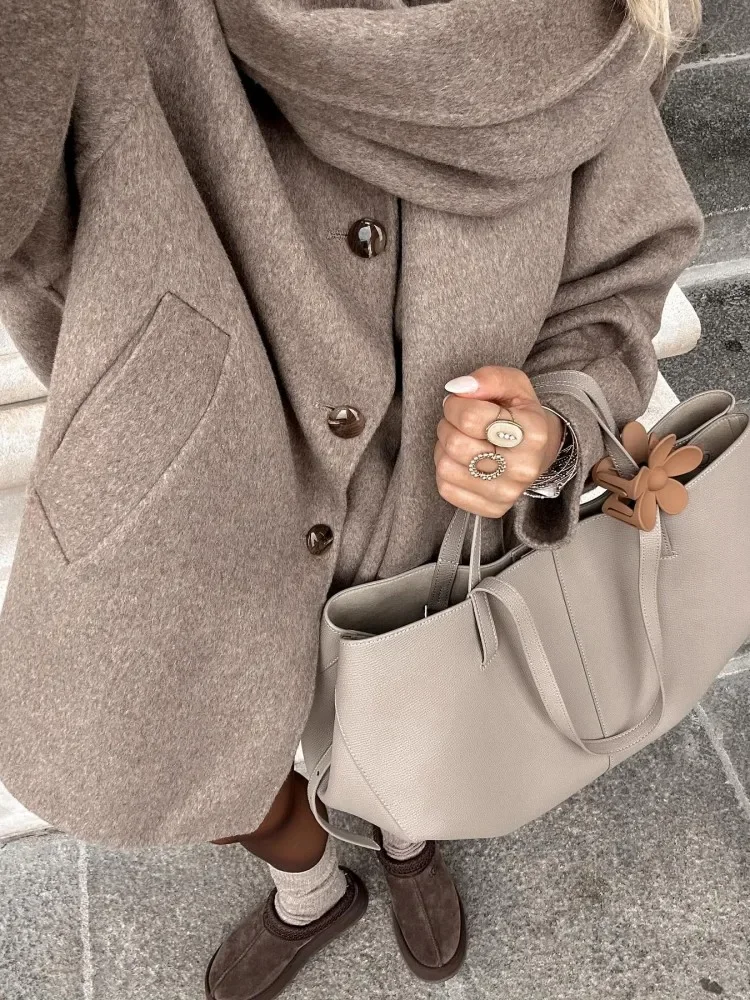 Women Chic Scarf Collar Woolen Blend Jackets Pocket Single Breasted Long Sleeve Coats 2024 Lady Commuting High Street Outerwear