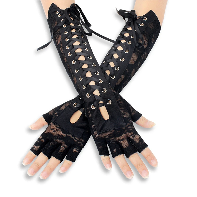 

Women Sexy Floral Lace Elbow Length Half-finger Gloves Black String Ribbon Ties Up Dance Party Fingerless Fishnet Mittens