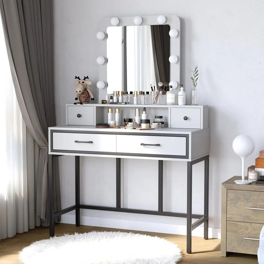 

Vanity, Makeup Vanity Desk with 3 Color Dimmable Lighted Hollywood Mirror, White Vanity with 4 Drawers, Large Dressing Table for