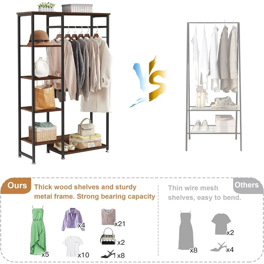 Open Garment Clothing Rack, Free-Standing Heavy Duty Storage Closet with 5 Shelves and Hanging Rod for Small Spaces