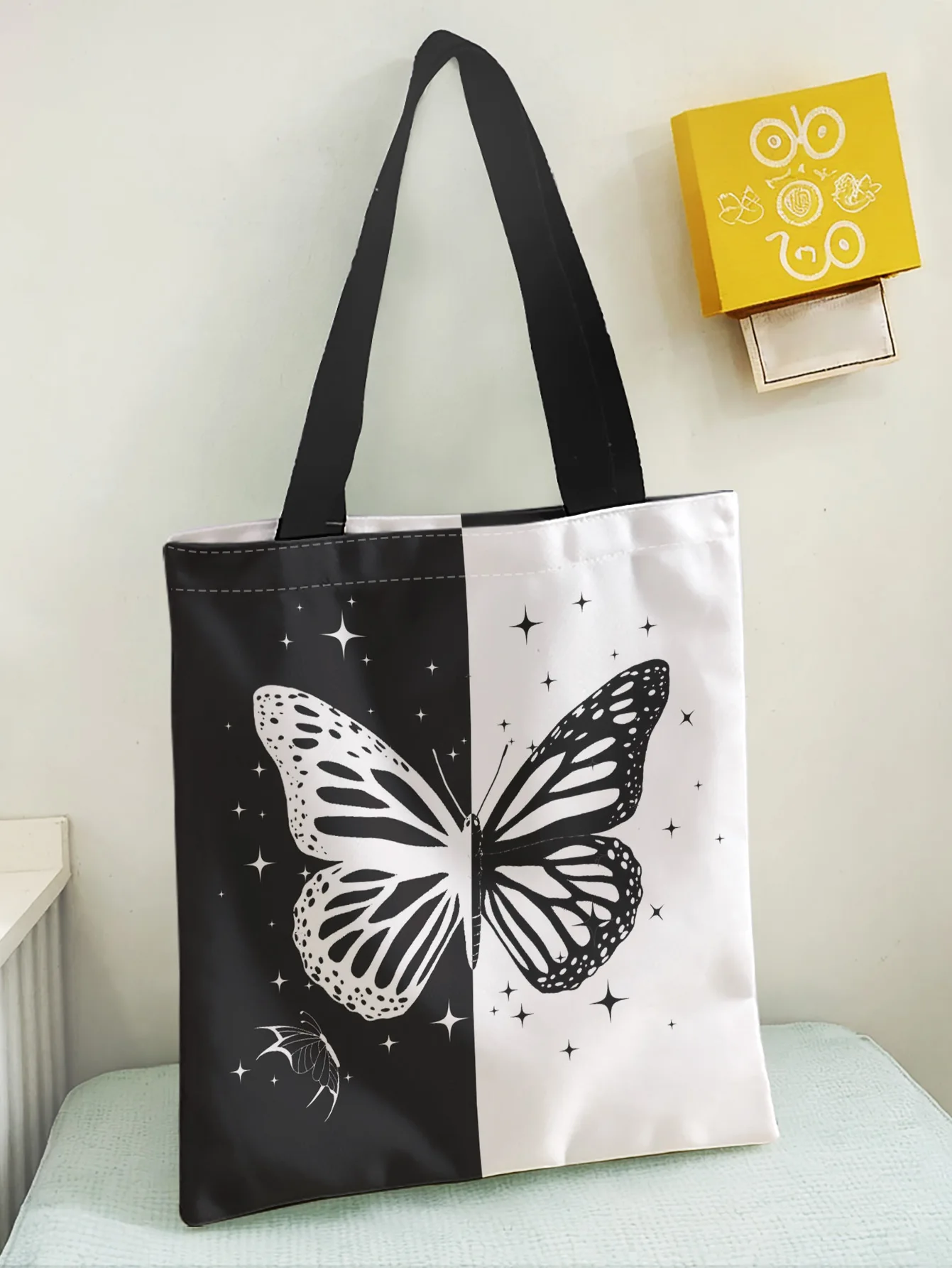 Black White Split Star Butterfly Print Tote Bag Large Capacity Shoulder Bag For Shopping Travel Daily Use