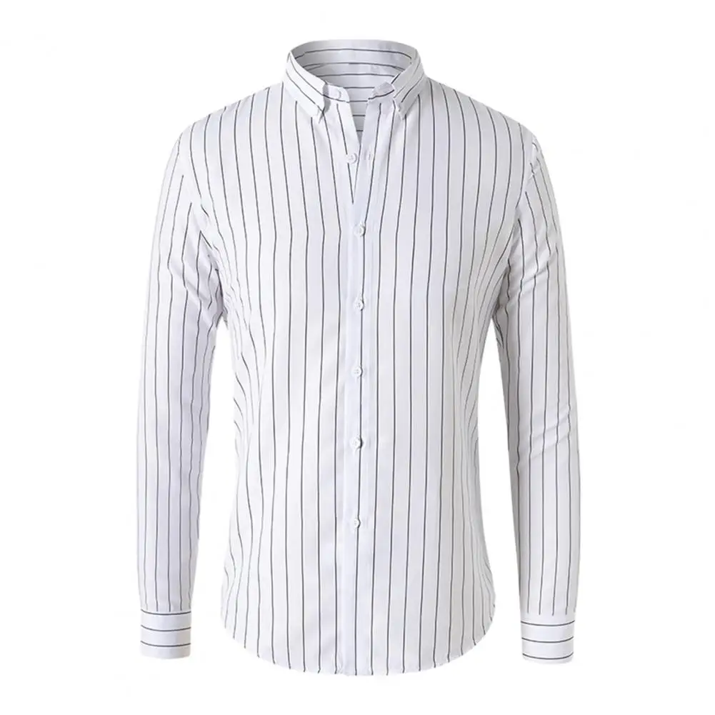 Men Shirt Long Sleeve Single-breasted Cardigan Slim Fit Striped Color Matching Buttons Business Style Mid Length Plus Size Top